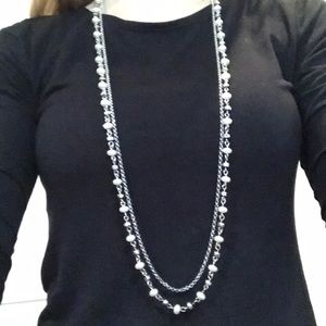 Silver pearl long necklace